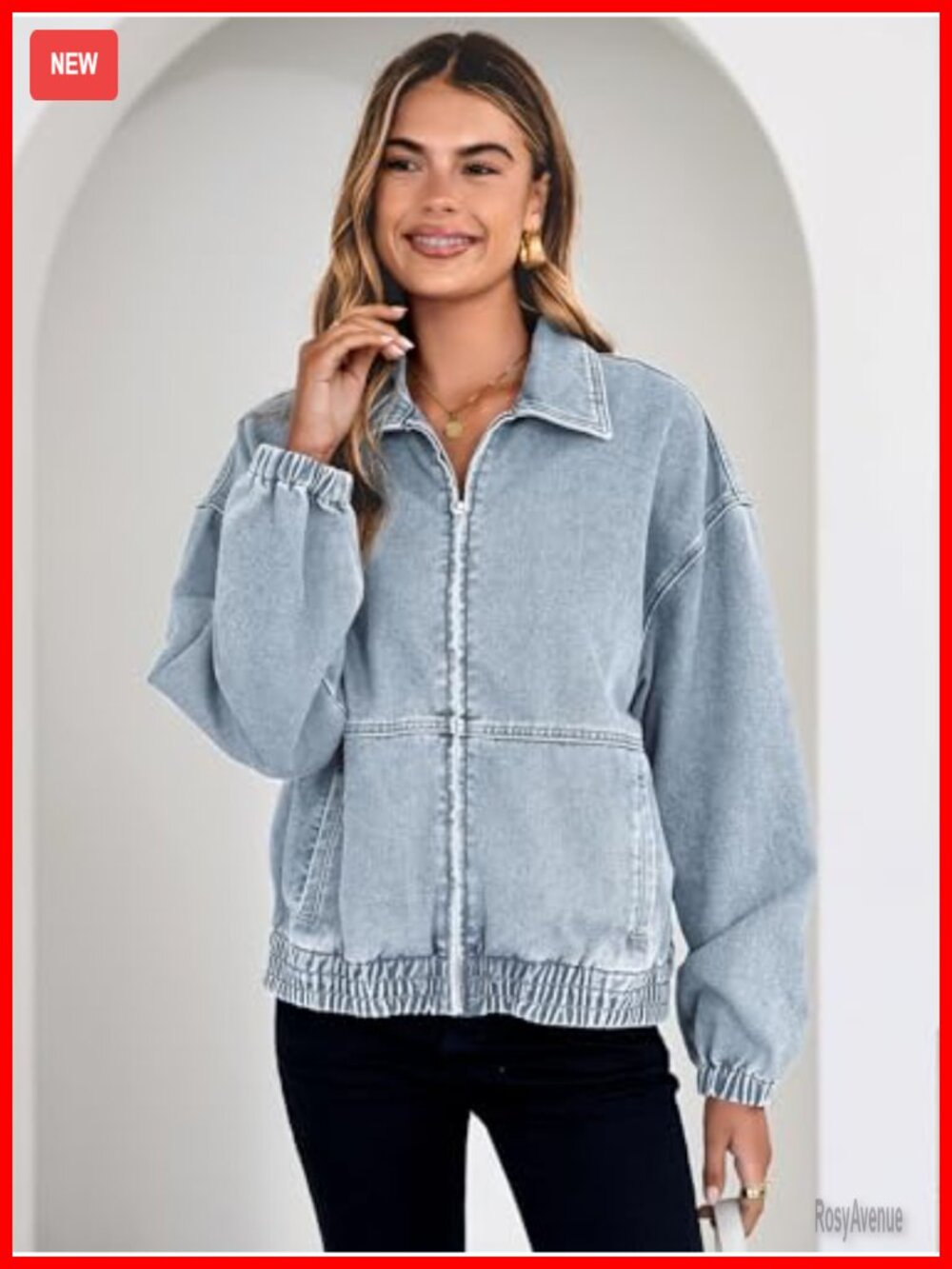 Oversized Denim Jacket Zip Up Long Sleeve Faded Wash Distressed Cotton Blend